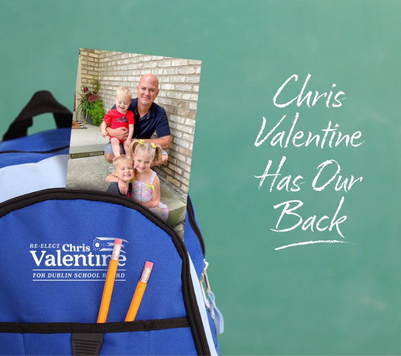 A school backpack in front of a chalkboard with a photo of Chris and his children